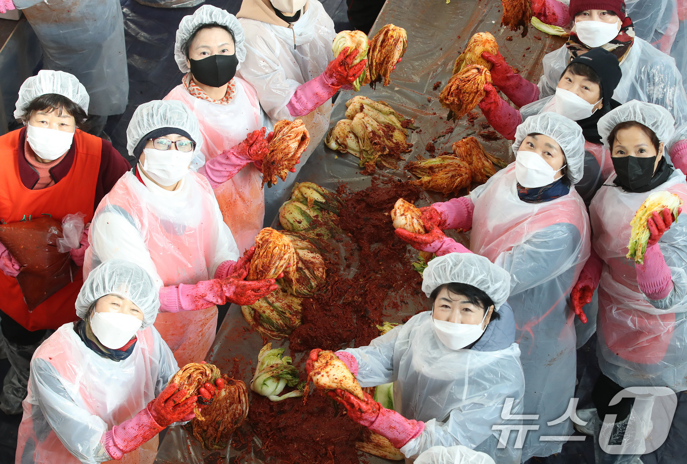 (대구=뉴스1) 공정식 기자 = 3일 오전 대구 서구문화회관에서 열린 사랑의 김장 나눔 행사에서 서구여성단체협의회 등 봉사자들이 김장김치 양념을 버무리고 있다.이날 담근 김장김치는 …