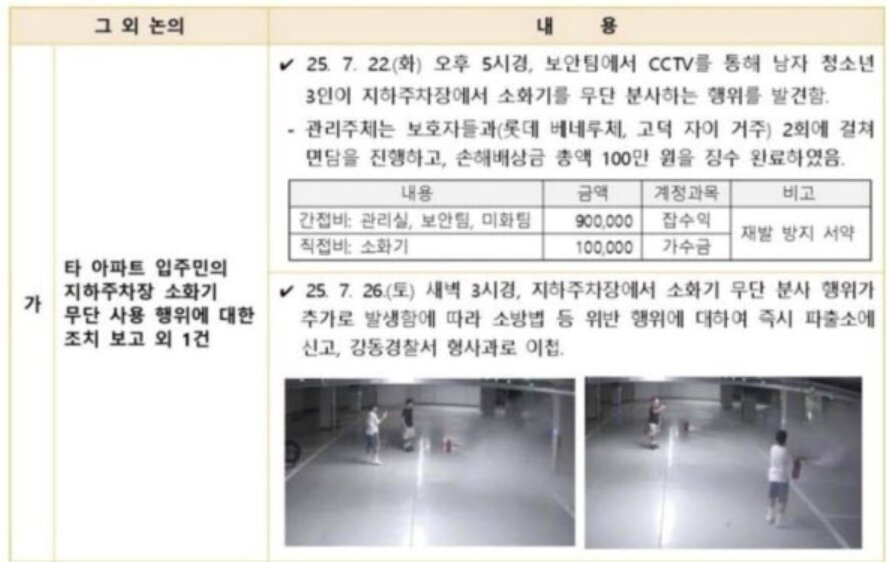 본문 이미지 - 올해 7월 서울 강동구 상일동 ‘고덕아르테온’ 지하주차장에 ‘고덕자이’ 입주민 자녀가 난입해 소화기를 분사한 사건. 출처=땅집고, 고덕아르테온 관리사무소