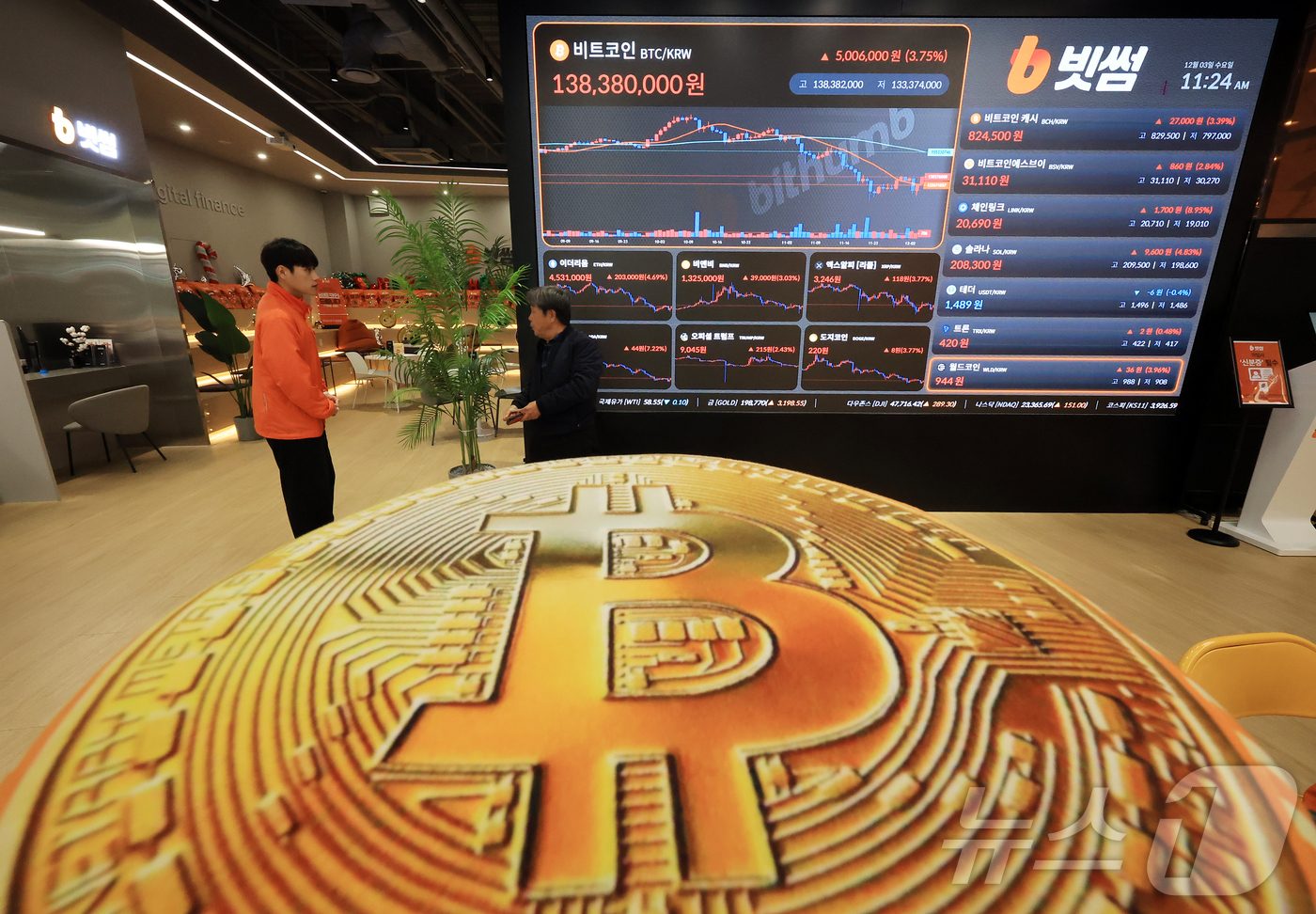 (서울=뉴스1) 김진환 기자 = 3일 서울 강남구 빗썸 라운지 전광판에 비트코인 시세가 나타나고 있다.비트코인은 기술주 중심의 뉴욕증시 상승의 영향과 미국 연방준비제도(Fed·연준 …