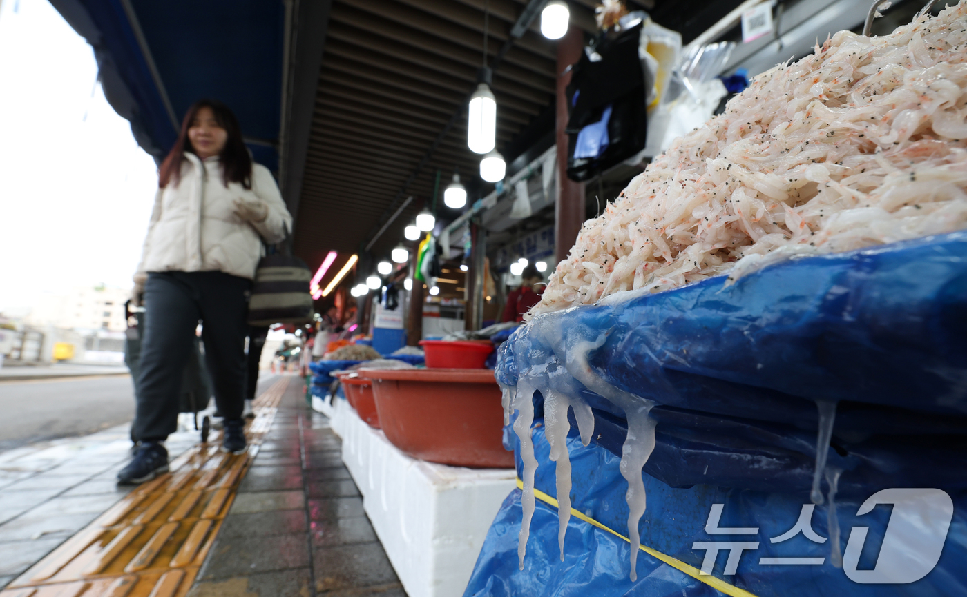 (수원=뉴스1) 김영운 기자 = 올겨울 첫 한파특보가 내려진 3일 경기 수원시 팔달구 지동시장의 한 수산물가게 새우젓에 얼음이 얼어있다. 2025.12.3/뉴스1