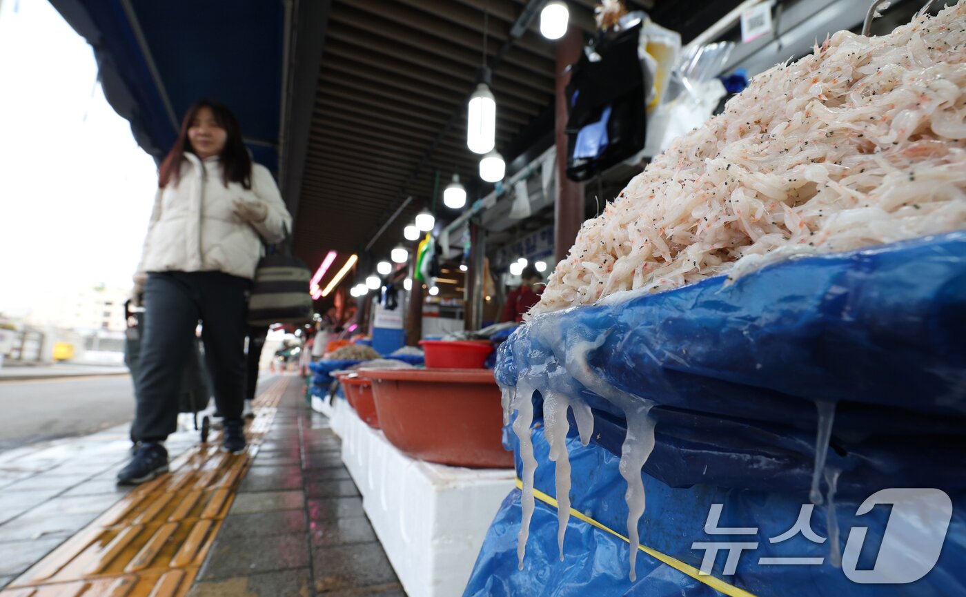 본문 이미지 - 올겨울 첫 한파특보가 내려진 3일 경기 수원시 팔달구 지동시장의 한 수산물가게 새우젓에 얼음이 얼어있다. 2025.12.3/뉴스1 ⓒ News1 김영운 기자