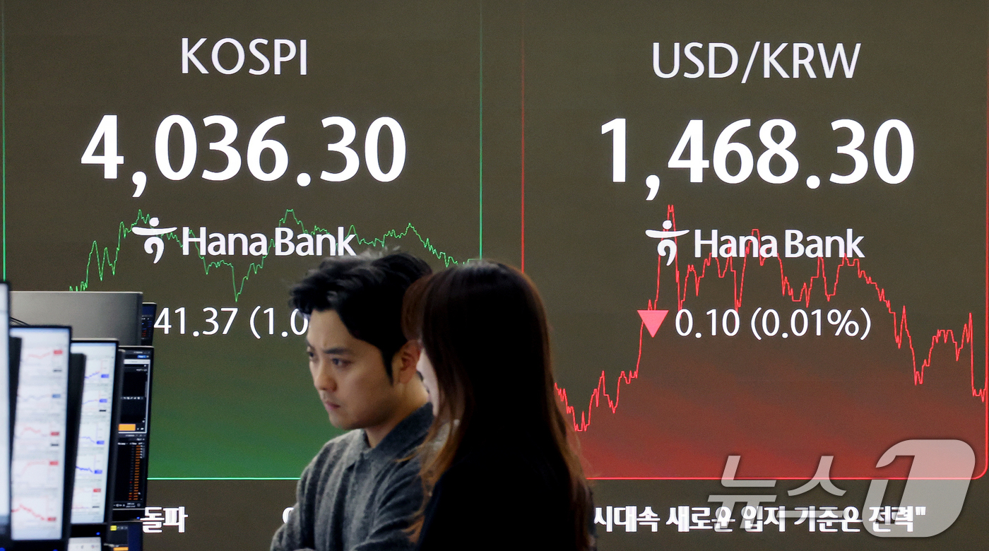 (서울=뉴스1) 이호윤 기자 = 3일 서울 중구 하나은행 본점 딜링룸 전광판에 증시 종가가 표시되고 있다. 이날 코스피 지수는 전 거래일 대비 41.37p(1.04%) 상승한 40 …