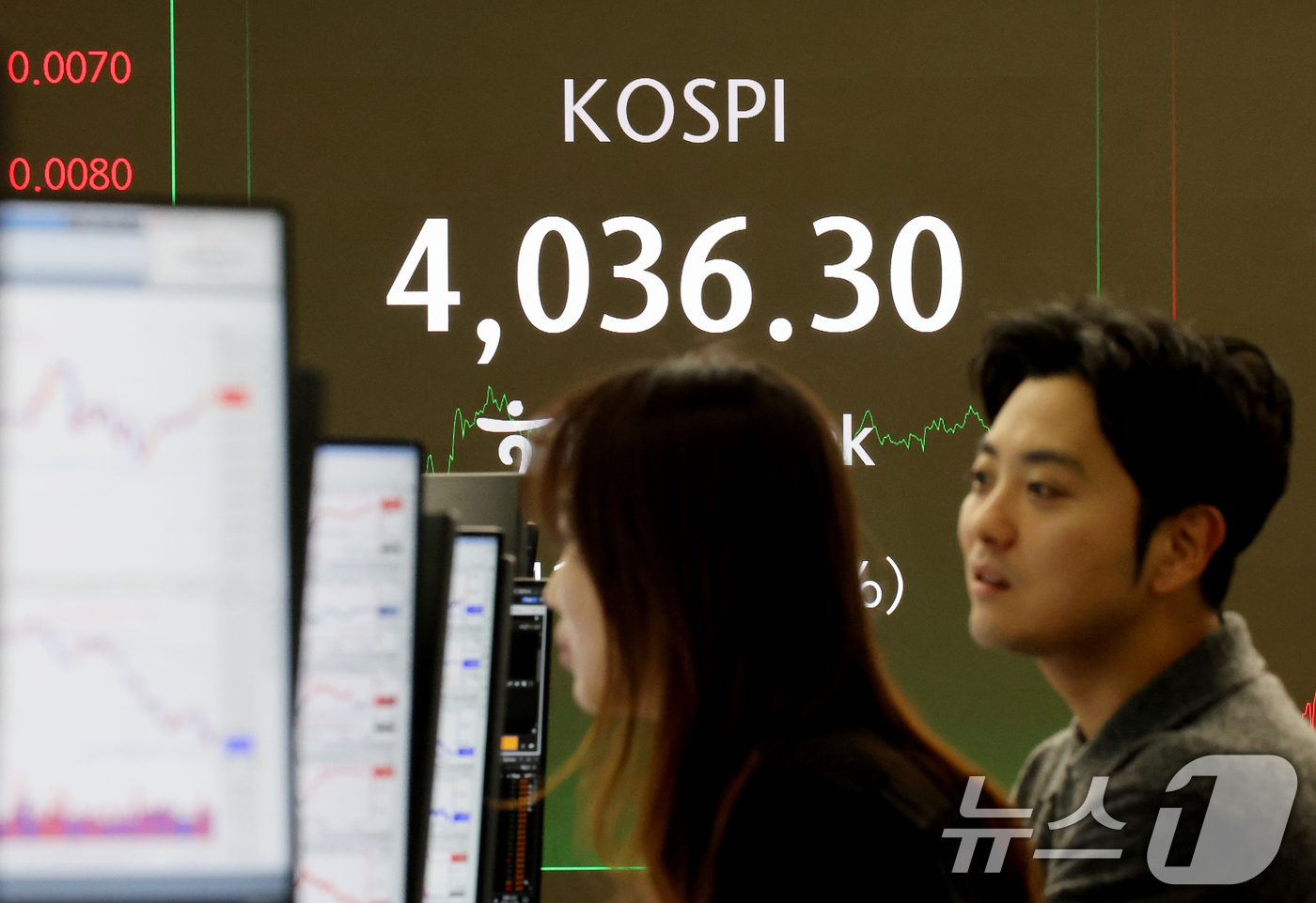 (서울=뉴스1) 이호윤 기자 = 3일 서울 중구 하나은행 본점 딜링룸 전광판에 증시 종가가 표시되고 있다. 이날 코스피 지수는 전 거래일 대비 41.37p(1.04%) 상승한 40 …