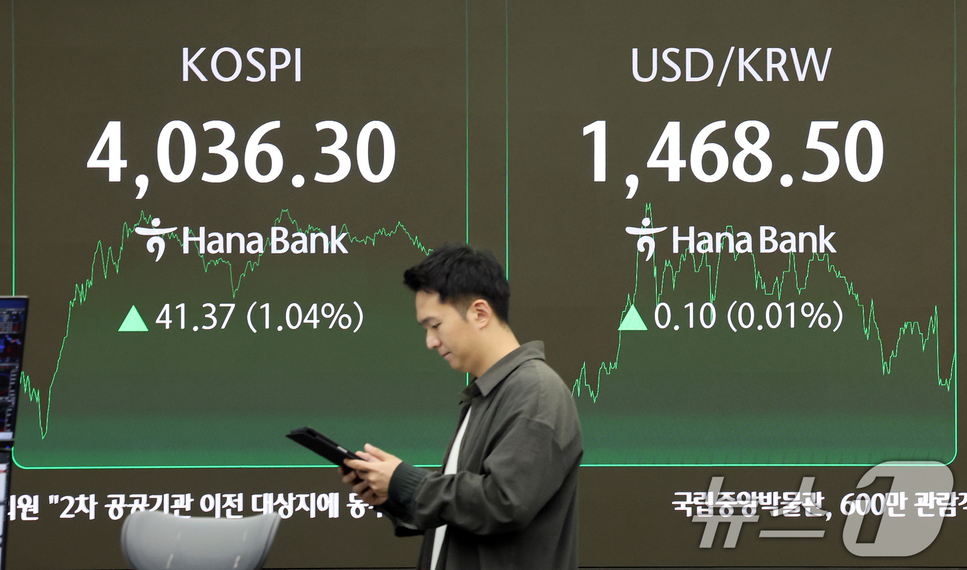 (서울=뉴스1) 이호윤 기자 = 3일 서울 중구 하나은행 본점 딜링룸 전광판에 증시 종가가 표시되고 있다. 이날 코스피 지수는 전 거래일 대비 41.37p(1.04%) 상승한 40 …