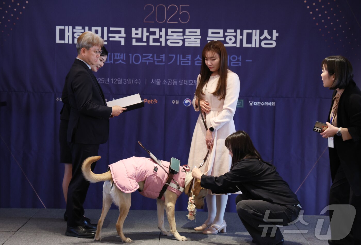 본문 이미지 - 3일 서울 중구 롯데호텔에서 열린 2025대한민국 반려동물 문화대상에서 이영섭 뉴스1 대표이사가 김예지 국회의원에게 뉴스1 대표이사상(의정)을 전달하고 있다. 2025.12.3/뉴스1 ⓒ News1 김명섭 기자