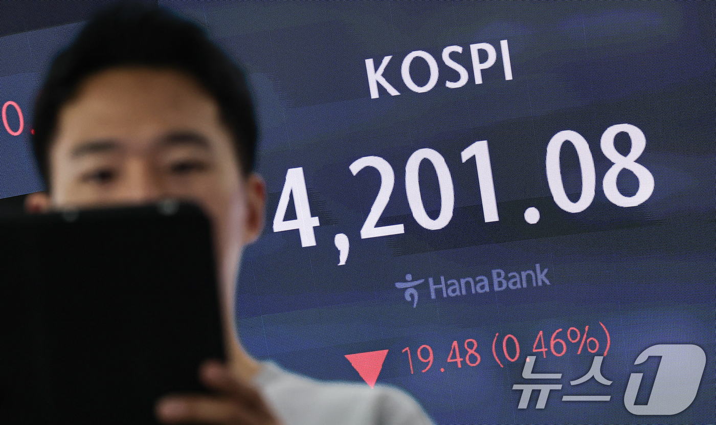 (서울=뉴스1) 김도우 기자 = 8일 서울 중구 하나은행 딜링룸 전광판에 코스피 등 시황이 표시되고 있다. 이날 코스피는 전 거래일 대비 9.20p(0.22%) 오른 4109.25 …