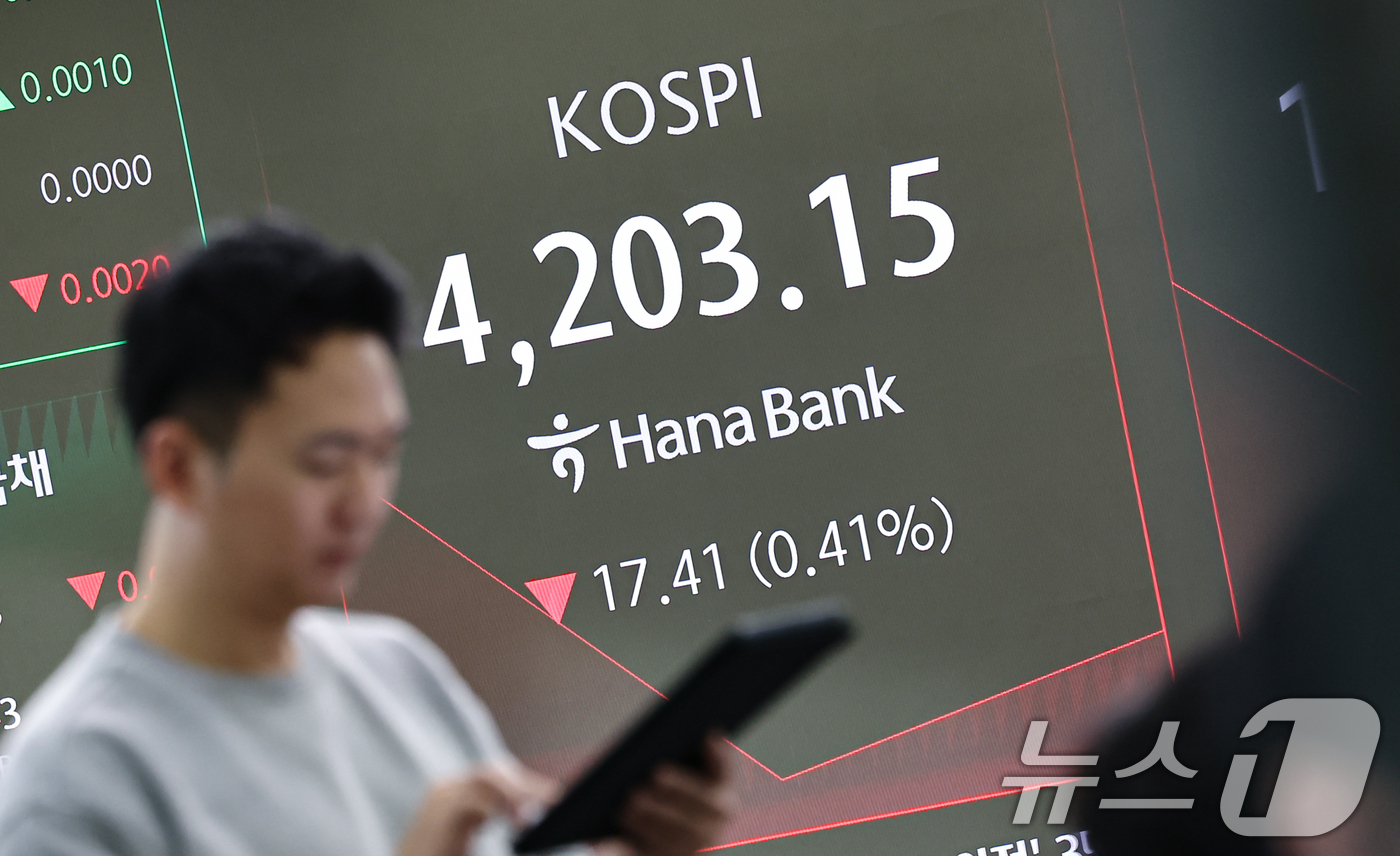 (서울=뉴스1) 김도우 기자 = 8일 서울 중구 하나은행 딜링룸 전광판에 코스피 등 시황이 표시되고 있다. 이날 코스피는 전 거래일 대비 9.20p(0.22%) 오른 4109.25 …
