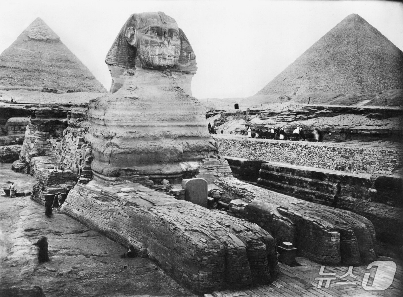 본문 이미지 - 1926년 6월, 6개월 동안 수백 명의 인부들이 이집트 기자의 신비로운 대 스핑크스를 힘들게 파헤쳤다. NYT에 따르면, 그 결과 “파라오의 왕관을 쓴 머리에 날개 없는 거대한 엎드린 사자의 모습”이 드러났다. 이집트 정부는 기념물 보존 작업을 시작하기 위해 수 세기 동안 쌓여 있던 모래를 제거했다.