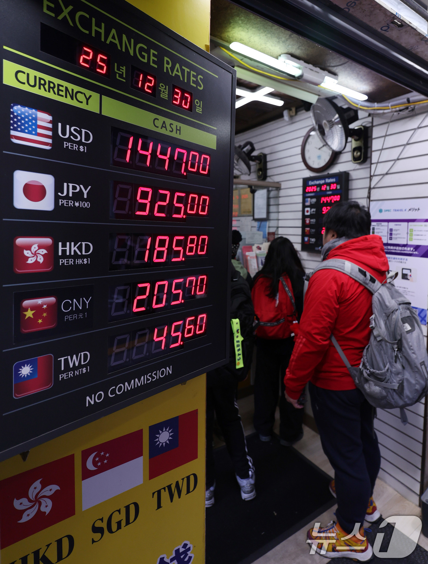 (서울=뉴스1) 박지혜 기자 = 30일 서울 중구 명동 환전소에 환율 시세가 표시되고 있다.2025년 연평균 원·달러 환율(1420원대 후반)은 외환위기 당시인 1998년 이후 가 …