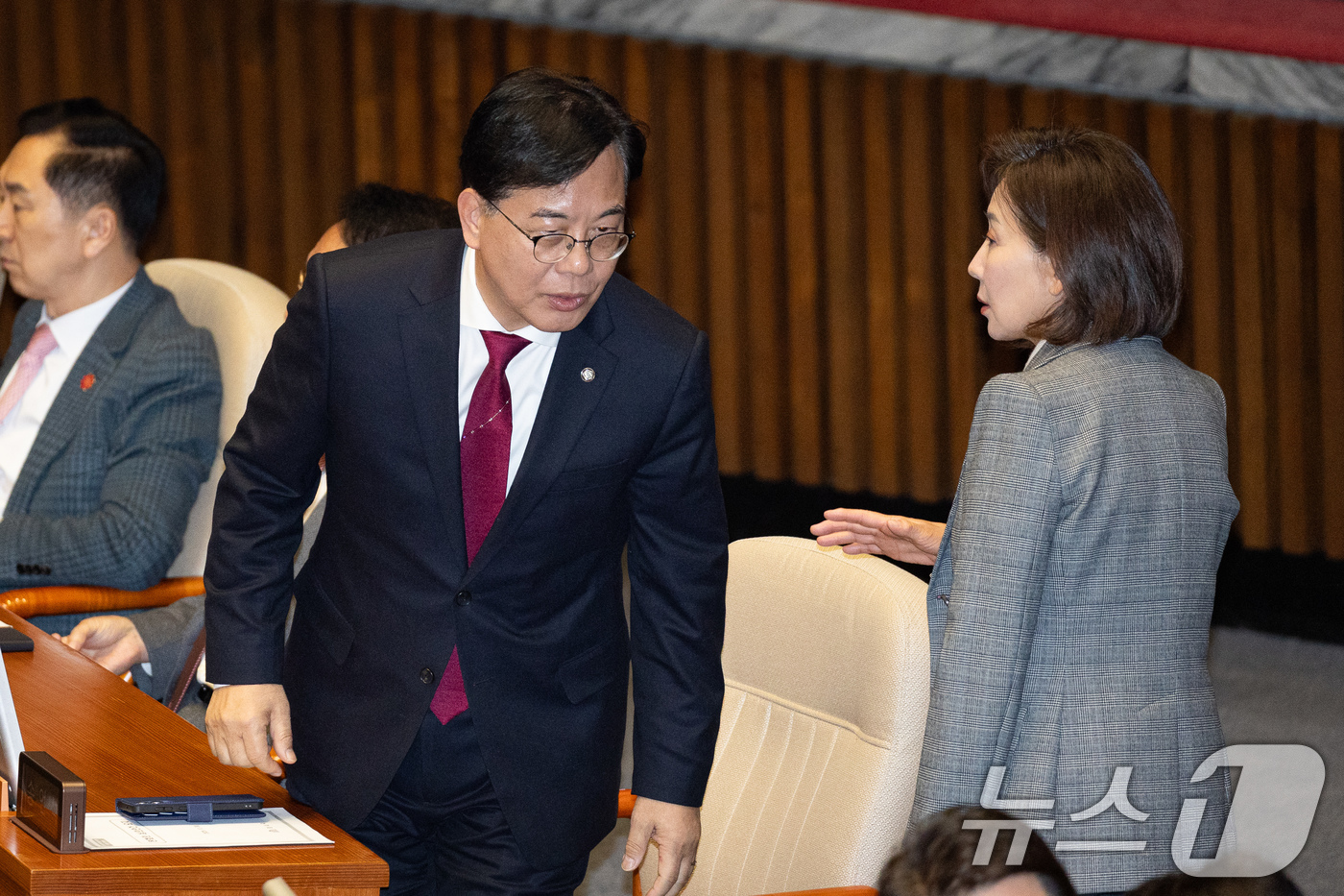 (서울=뉴스1) 유승관 기자 = 송언석 국민의힘 원내대표와 나경원 의원이 30일 서울 여의도 국회에서 열린 제430회 국회(임시회) 제3차 본회의에서 대화하고 있다. 2025.12 …