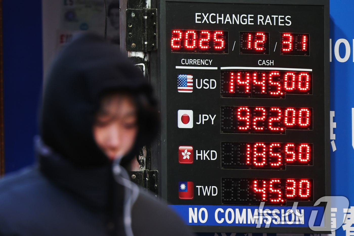 (서울=뉴스1) 황기선 기자 = 31일 서울 중구 명동의 한 환전소 앞 전광판에 환율이 표시되고 있다.지난 30일 서울 외환시장에서 달러·원 환율은 주간 종가(오후 3시 30분) …