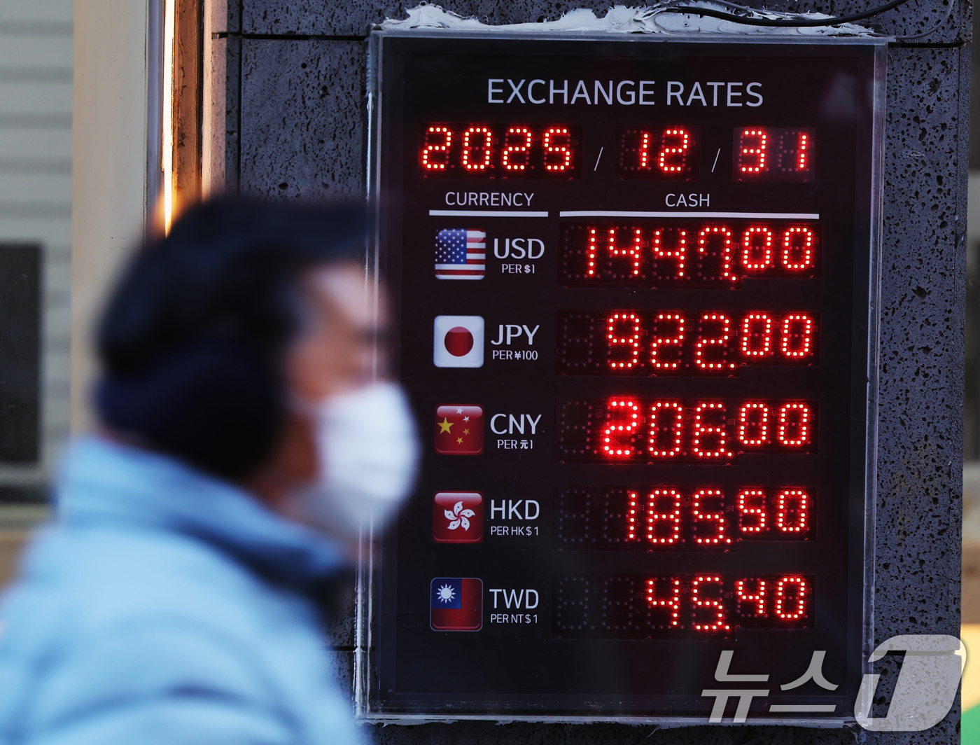 (서울=뉴스1) 황기선 기자 = 31일 서울 중구 명동의 한 환전소 앞 전광판에 환율이 표시되고 있다.지난 30일 서울 외환시장에서 달러·원 환율은 주간 종가(오후 3시 30분) …