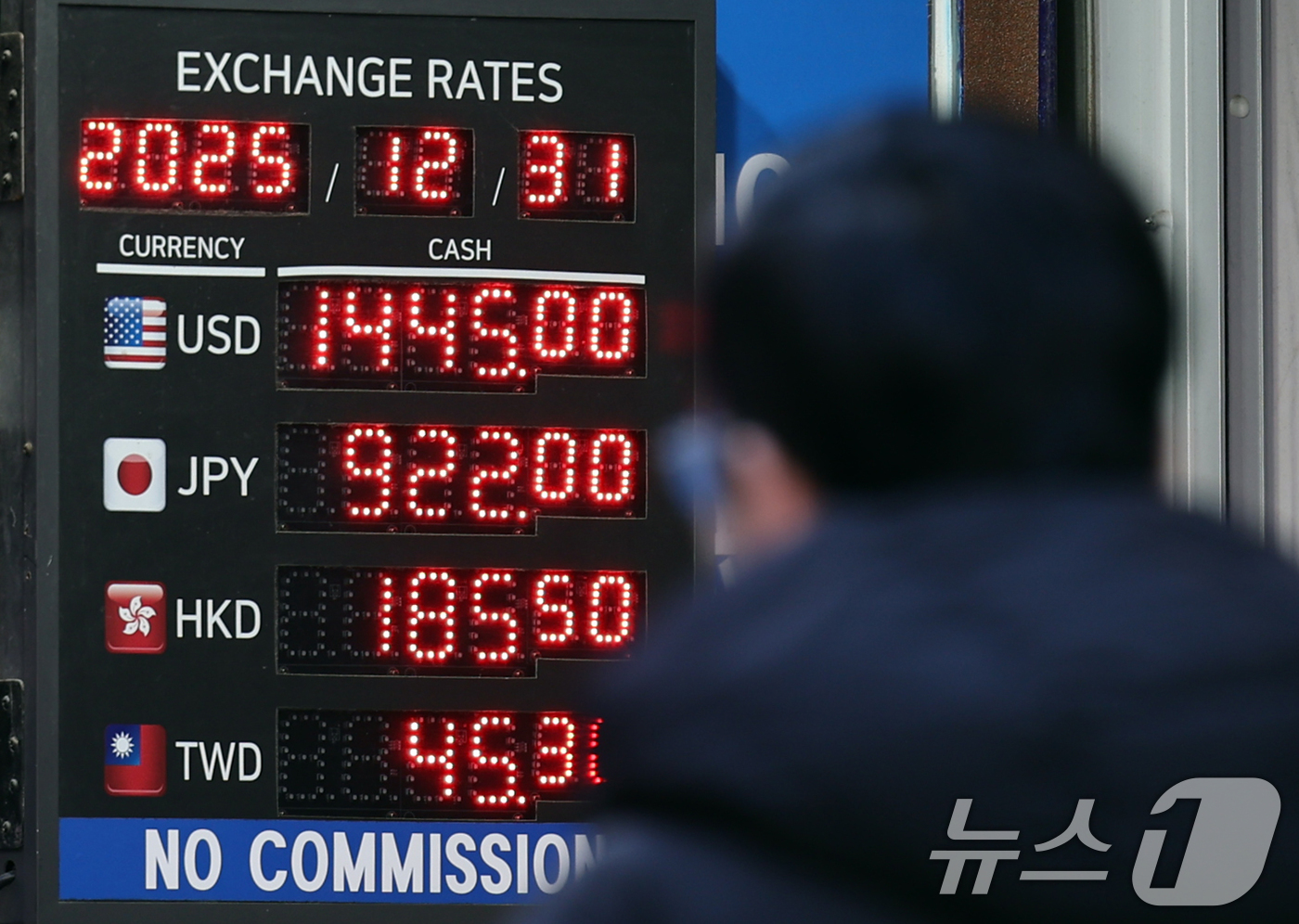 (서울=뉴스1) 황기선 기자 = 31일 서울 중구 명동의 한 환전소 앞 전광판에 환율이 표시되고 있다.지난 30일 서울 외환시장에서 달러·원 환율은 주간 종가(오후 3시 30분) …