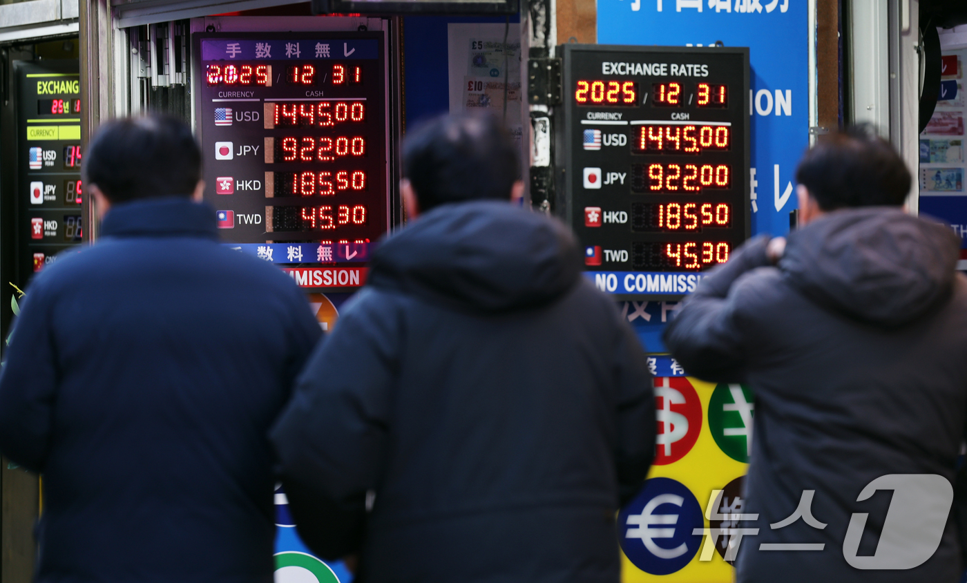 (서울=뉴스1) 황기선 기자 = 31일 서울 중구 명동의 한 환전소 앞 전광판에 환율이 표시되고 있다.지난 30일 서울 외환시장에서 달러·원 환율은 주간 종가(오후 3시 30분) …