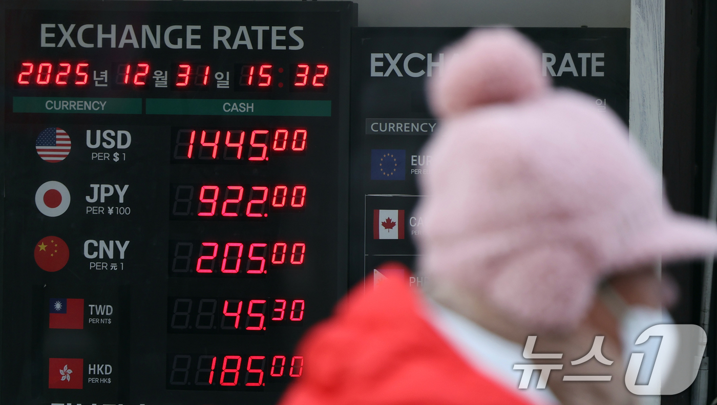 (서울=뉴스1) 황기선 기자 = 31일 서울 중구 명동의 한 환전소 앞 전광판에 환율이 표시되고 있다.지난 30일 서울 외환시장에서 달러·원 환율은 주간 종가(오후 3시 30분) …