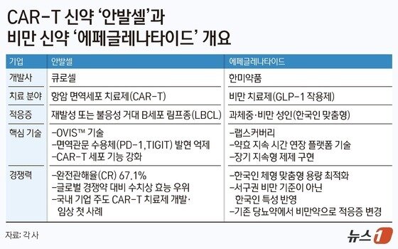 본문 이미지 - CAR-T 신약 ‘안발셀’과 비만 신약 ‘에페글레나타이드’ 개요.(출처 각 사)/뉴스1 김지영 디자이너