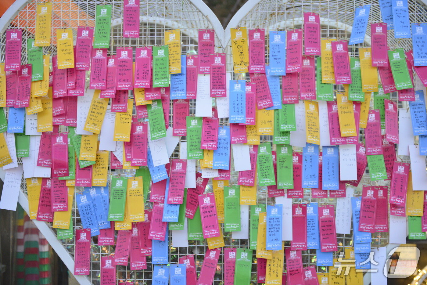 본문 이미지 - 31일 오후 대구 남구 앞산 해넘이전망대 일대에 마련된 행사장에 시민들의 소원이 적힌 소원지가 걸려 있다.2025.12.31/뉴스1 ⓒ News1 이성덕 기자