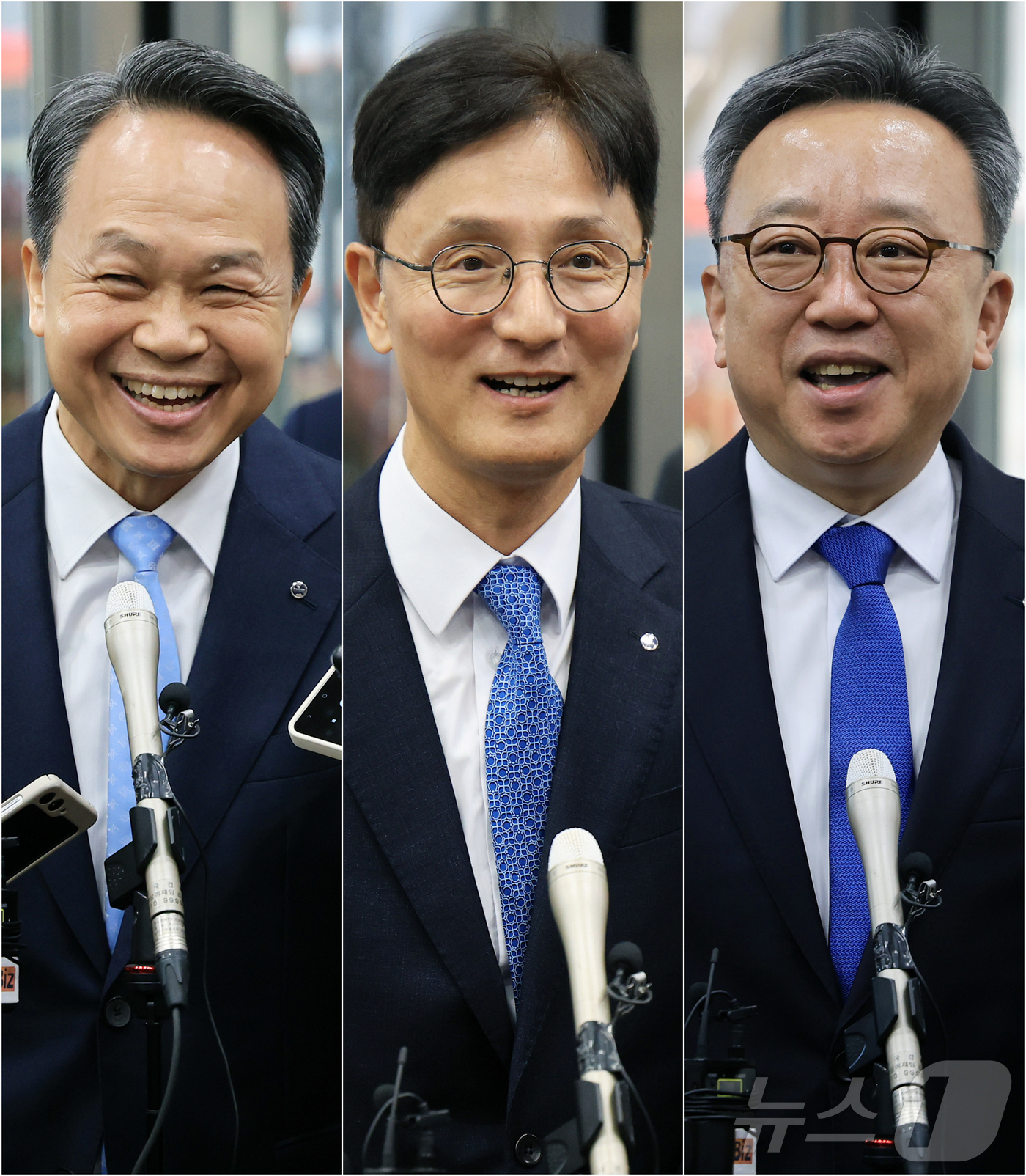 (서울=뉴스1) 김진환 기자 = 신한금융지주 차기 회장 후보인 진옥동 현 신한금융지주 회장(왼쪽부터), 이선훈 신한투자증권 대표, 정상혁 신한은행장이 4일 오전 서울 중구 신한금융 …