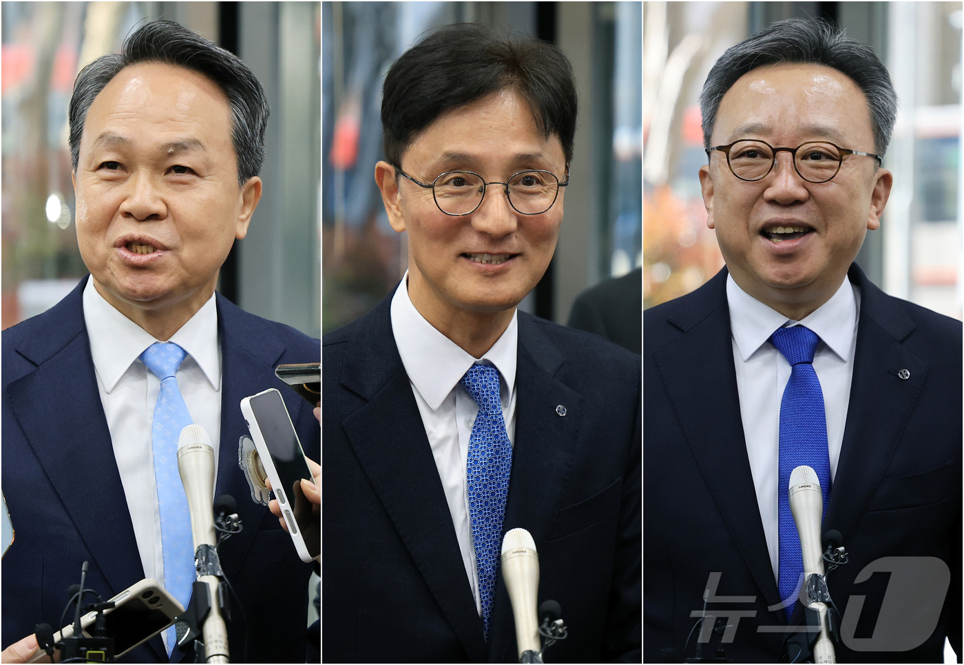 (서울=뉴스1) 김진환 기자 = 신한금융지주 차기 회장 후보인 진옥동 현 신한금융지주 회장(왼쪽부터), 이선훈 신한투자증권 대표, 정상혁 신한은행장이 4일 오전 서울 중구 신한금융 …