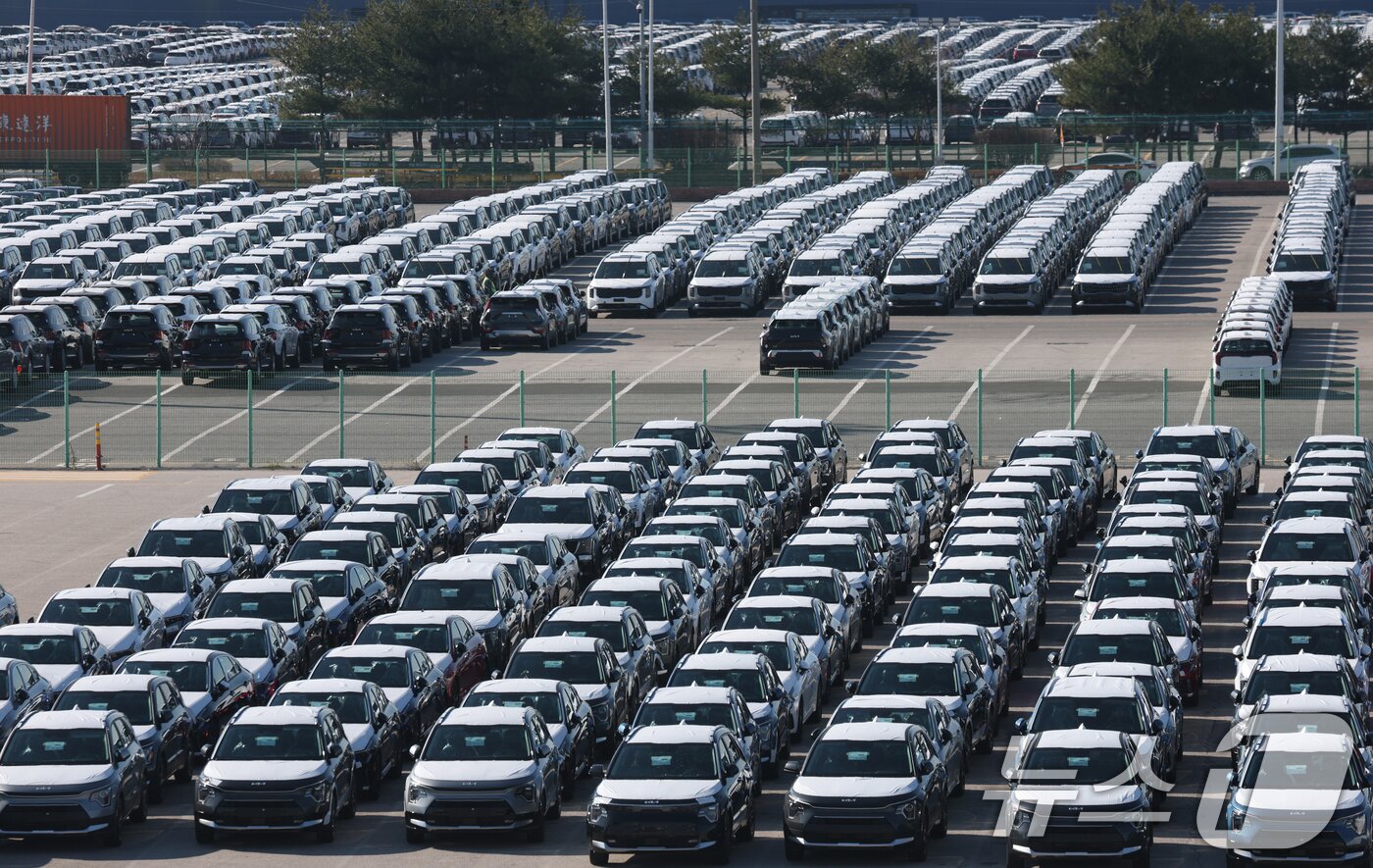 본문 이미지 - 4일 경기 평택시 포승읍 평택항에 수출용 차량이 세워져 있다.  2025.12.4/뉴스1 ⓒ News1 김영운 기자