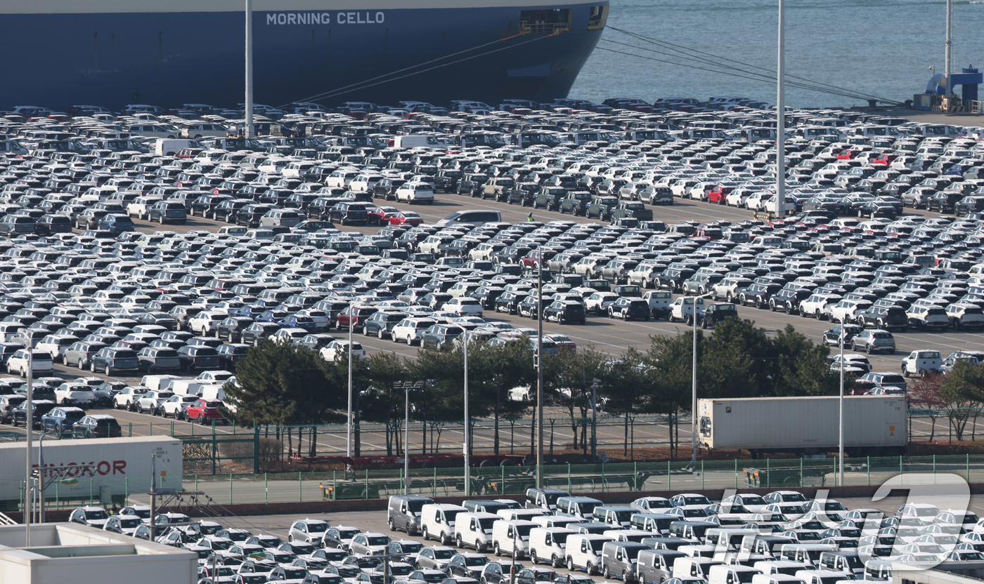 (평택=뉴스1) 김영운 기자 = 4일 경기 평택시 포승읍 평택항에 수출용 차량이 세워져 있다.한국산 자동차 관세를 15%로 인하하는 내용이 3일(현지시간) 미국 정부 관보에 게재됐 …