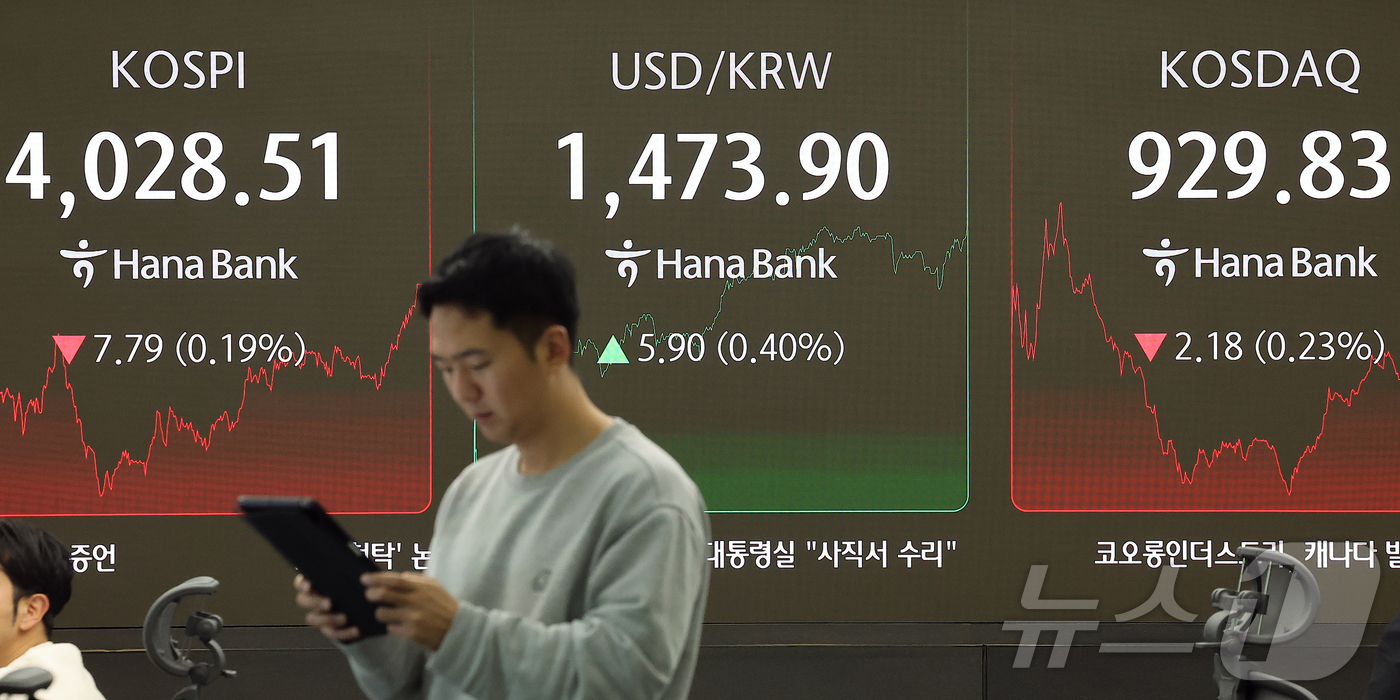 (서울=뉴스1) 김진환 기자 = 4일 오후 서울 중구 하나은행 딜링룸 전광판에 코스피 지수가 전 거래일 대비 7.79포인트(0.19%) 떨어진 4028.51을 나타내고 있다.코스닥 …