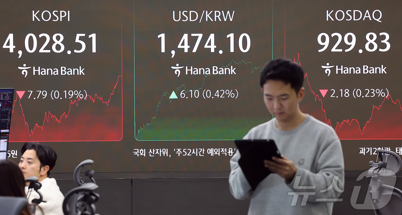 (서울=뉴스1) 김진환 기자 = 4일 오후 서울 중구 하나은행 딜링룸 전광판에 코스피 지수가 전 거래일 대비 7.79포인트(0.19%) 떨어진 4028.51을 나타내고 있다.코스닥 …