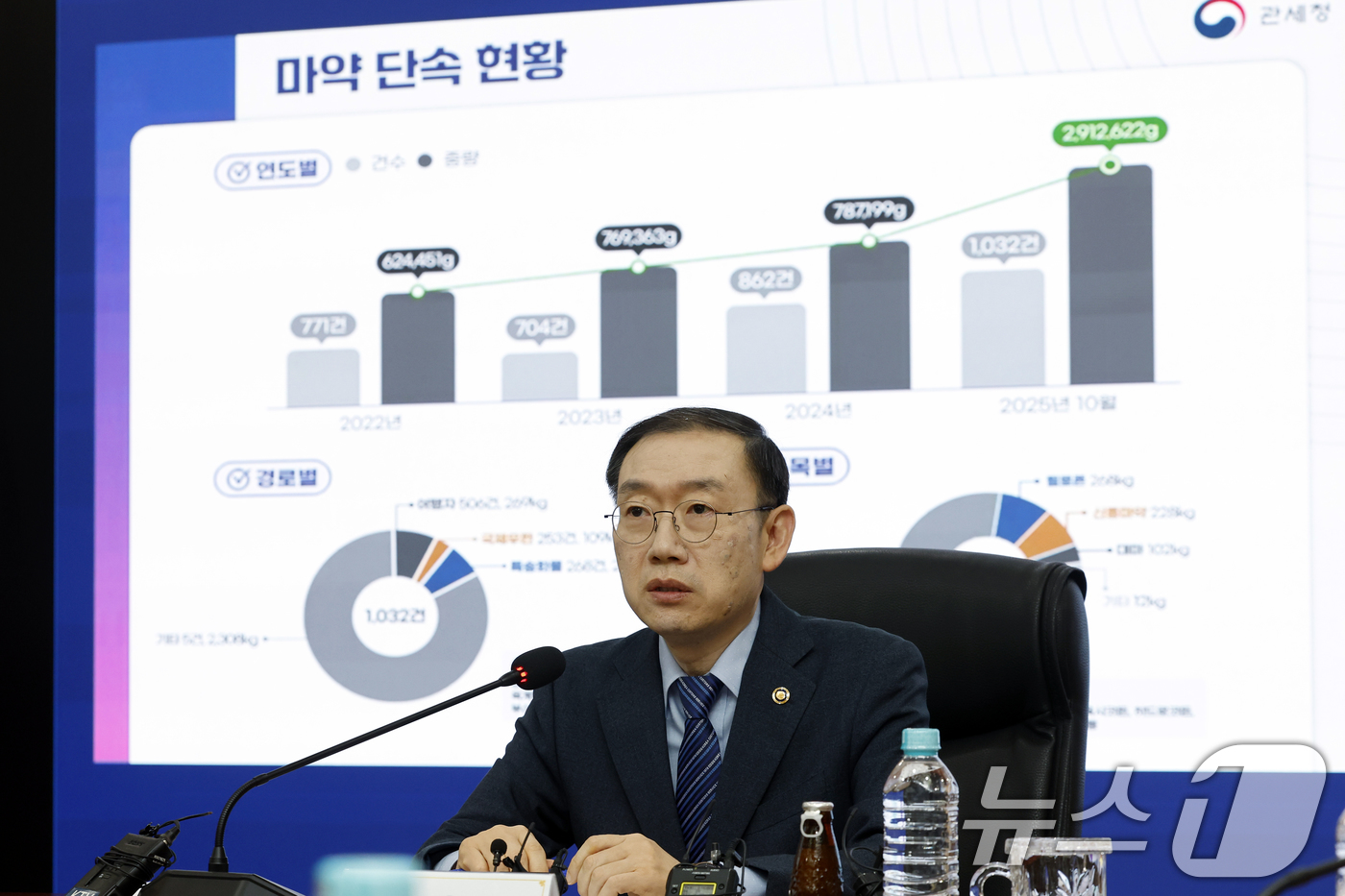 (서울=뉴스1) 박정호 기자 = 이명구 관세청장이 5일 오전 서울 강남구 논현동 서울세관에서 열린 마약밀수 특별대책 추진단 회의에서 발언을 하고 있다.올해 10월 말 기준 총 1, …