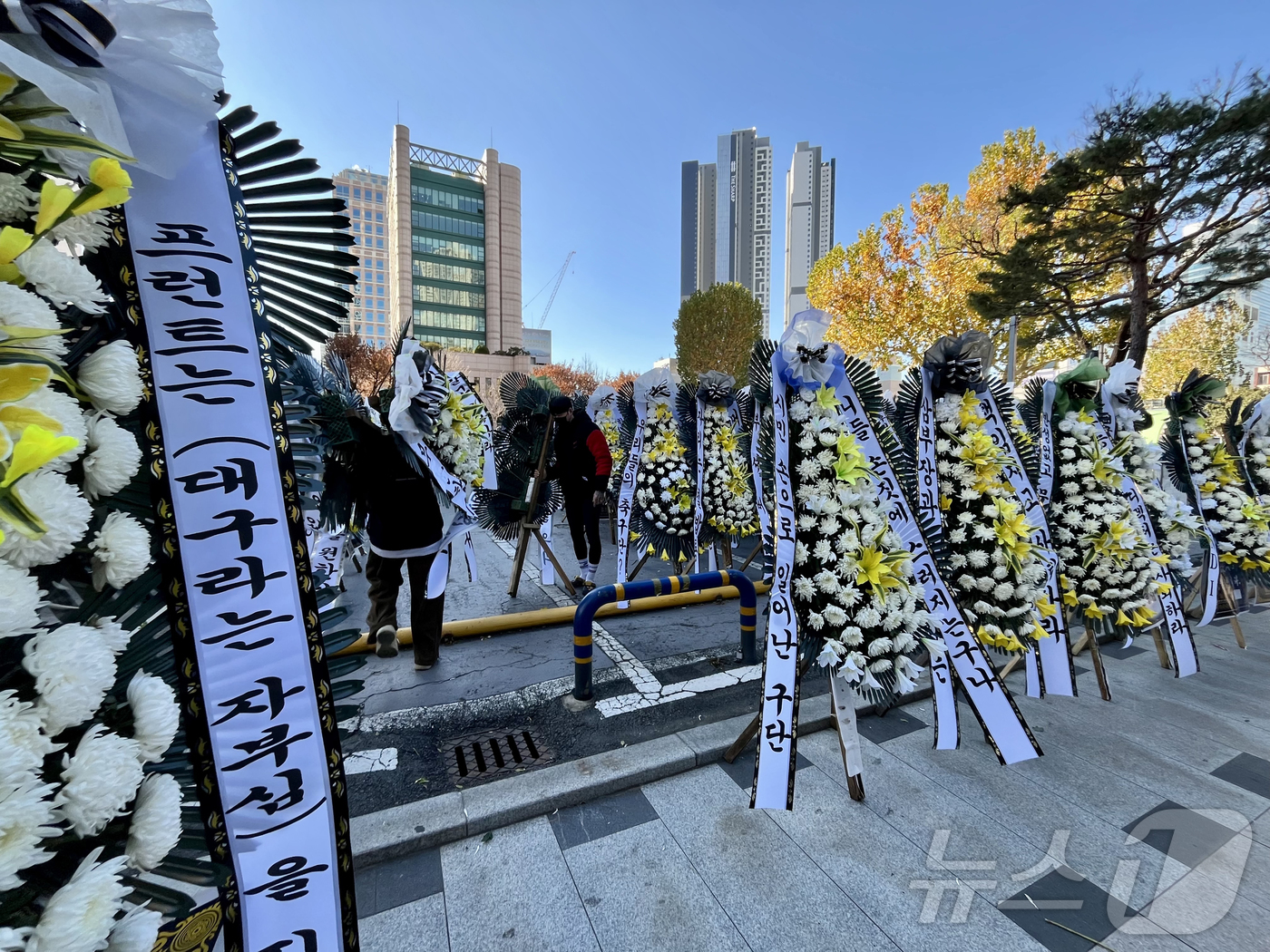 (대구=뉴스1) 공정식 기자 = 5일 오전 대구시청 동인청사 주차장에 대구FC 강등 관련 지역 축구팬들이 구단 프런트와 대구시 등에 책임과 질책의 의미를 담아 보낸 근조화환이 세워 …