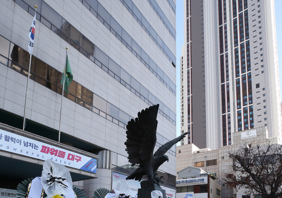 대구시청 앞에 놓인 근조화환