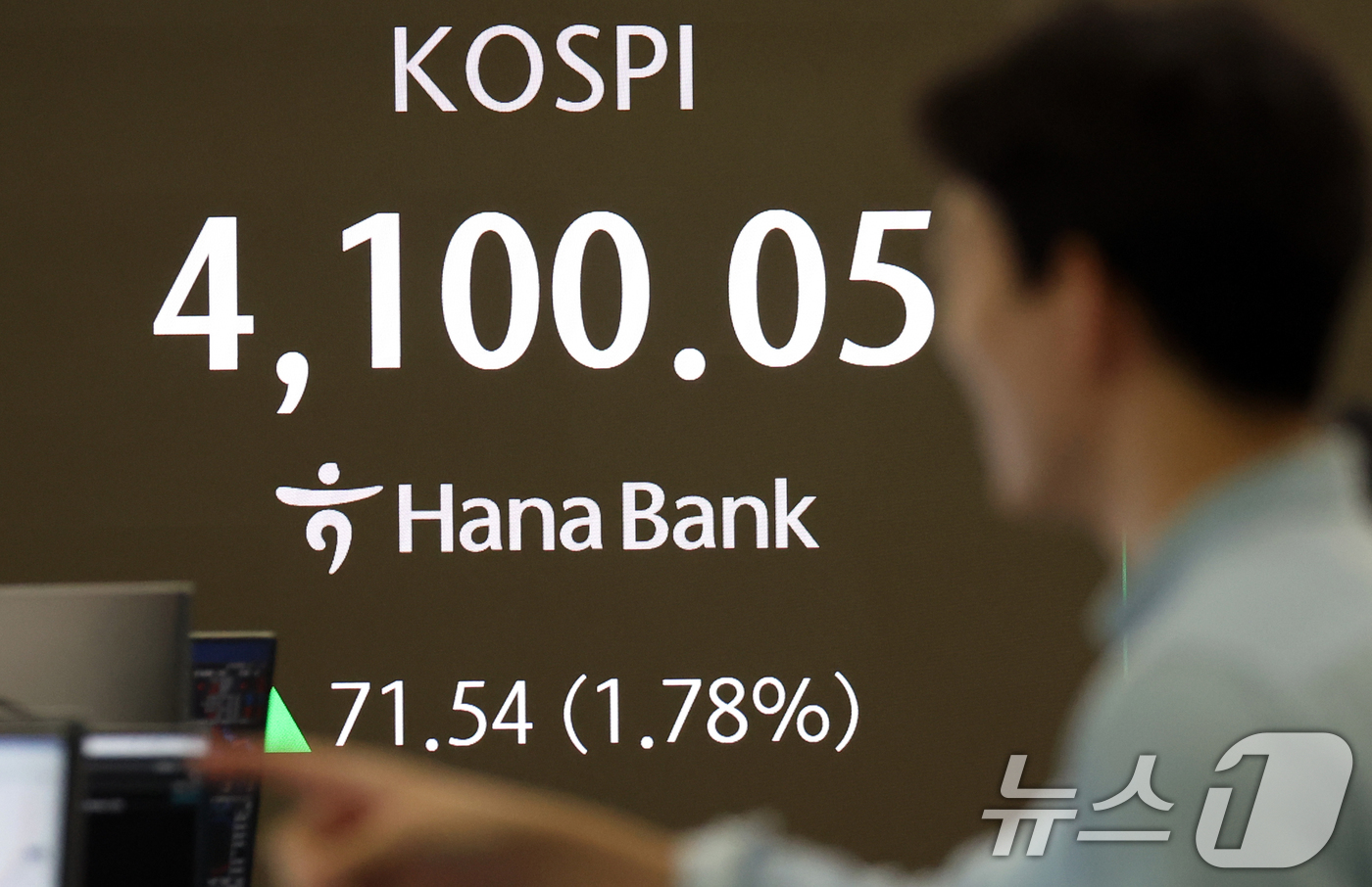 (서울=뉴스1) 김명섭 기자 = 5일 오후 서울 중구 하나은행 딜링룸 전광판에 시황과 원달러 환율이 보이고 있다. 이날 코스피 지수는 전 거래일 대비 71.54포인트(1.78%) …