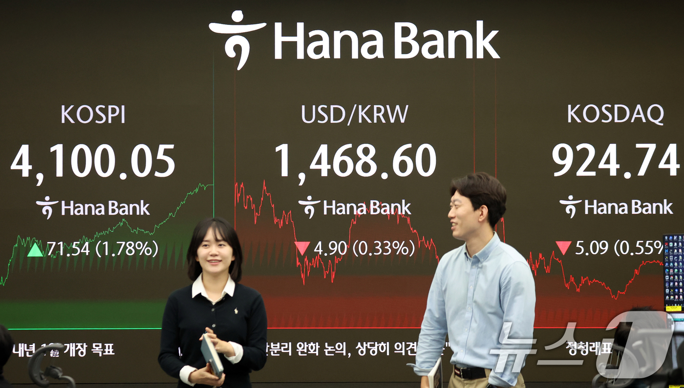 (서울=뉴스1) 김명섭 기자 = 5일 오후 서울 중구 하나은행 딜링룸 전광판에 시황과 원달러 환율이 보이고 있다. 이날 코스피 지수는 전 거래일 대비 71.54포인트(1.78%) …