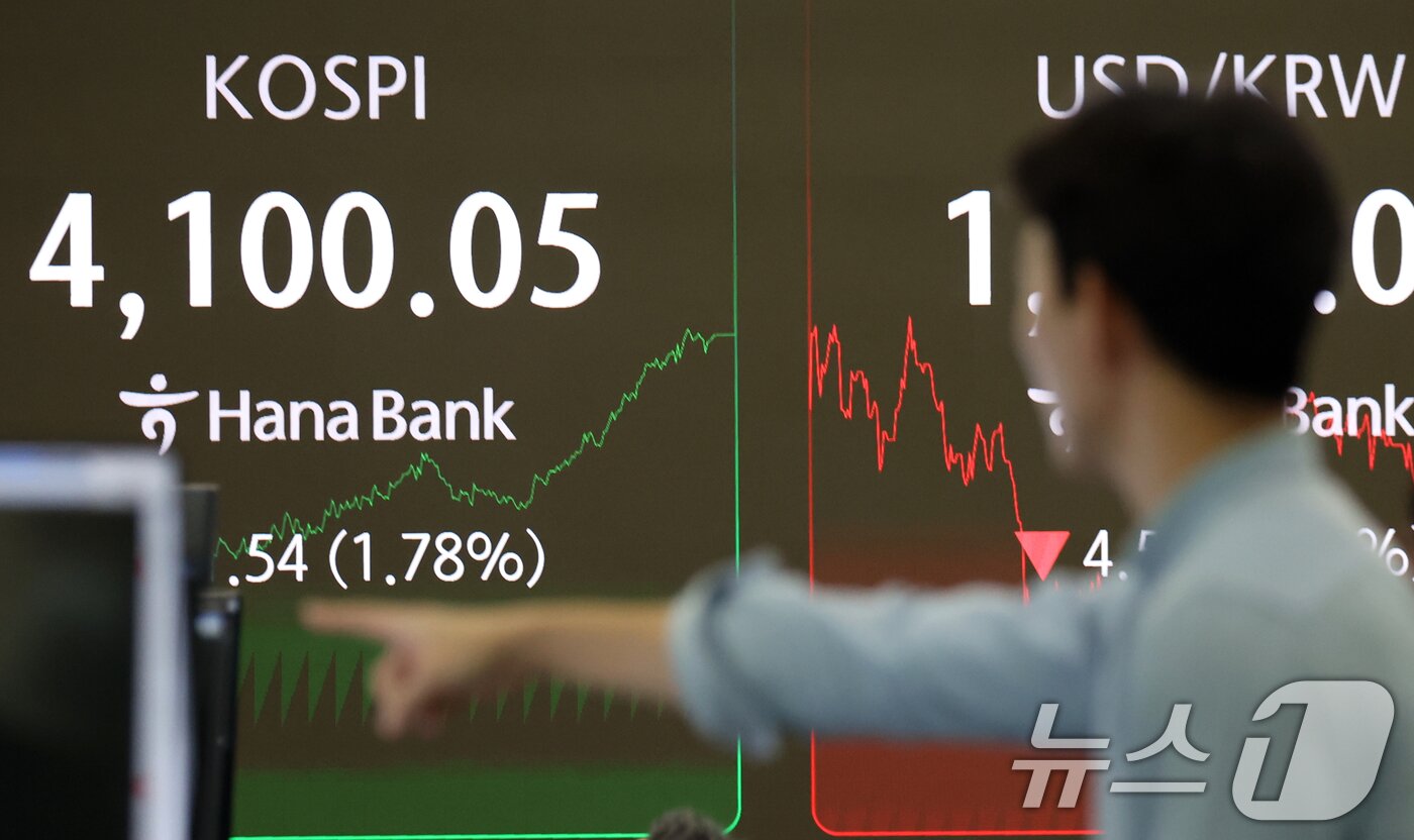 본문 이미지 - 5일 오후 서울 중구 하나은행 딜링룸 전광판에 시황과 원달러 환율이 보이고 있다. 2025.12.5/뉴스1 ⓒ News1 김명섭 기자