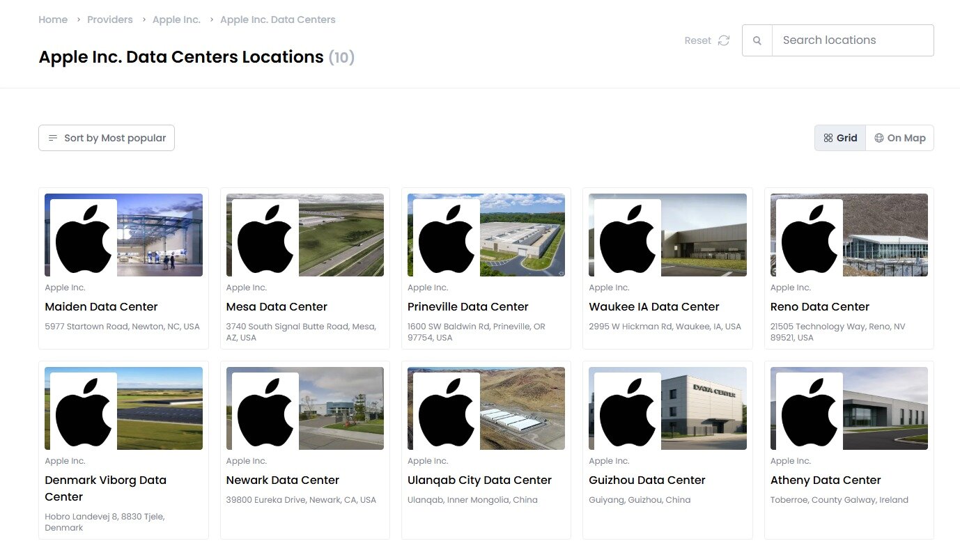본문 이미지 - 애플의 국제 데이터센터 설치 현황. 미국·중국·덴마크·아일랜드가 포함됐다. &#40;데이터센터즈닷컴&#40;Datacenters.Com&#41; 갈무리&#41;