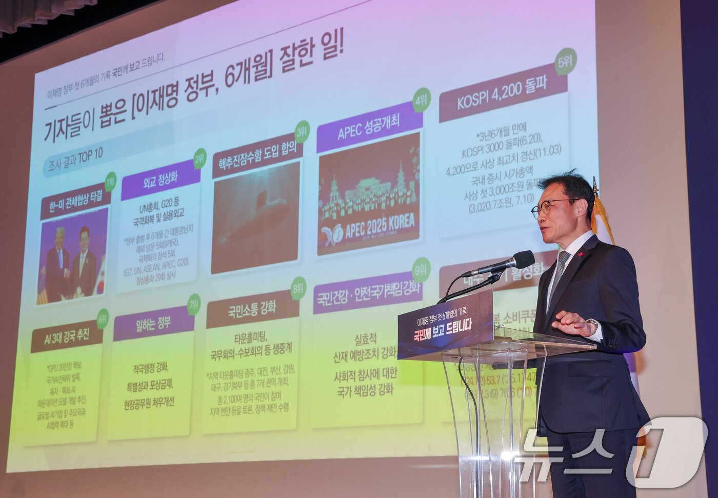 본문 이미지 - 이규연 홍보소통수석이 7일 서울 용산 대통령실 청사에서 열린 &#39;이재명 정부 출범 6개월 성과 간담회&#39;에서 발언하고 있다. 2025.12.7/뉴스1 ⓒ News1 허경 기자