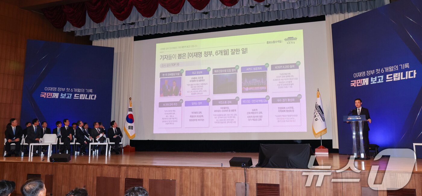 본문 이미지 - 이규연 홍보소통수석이 7일 서울 용산 대통령실 청사에서 열린 &#39;이재명 정부 출범 6개월 성과 간담회&#39;에서 발언하고 있다. 2025.12.7/뉴스1 ⓒ News1 허경 기자