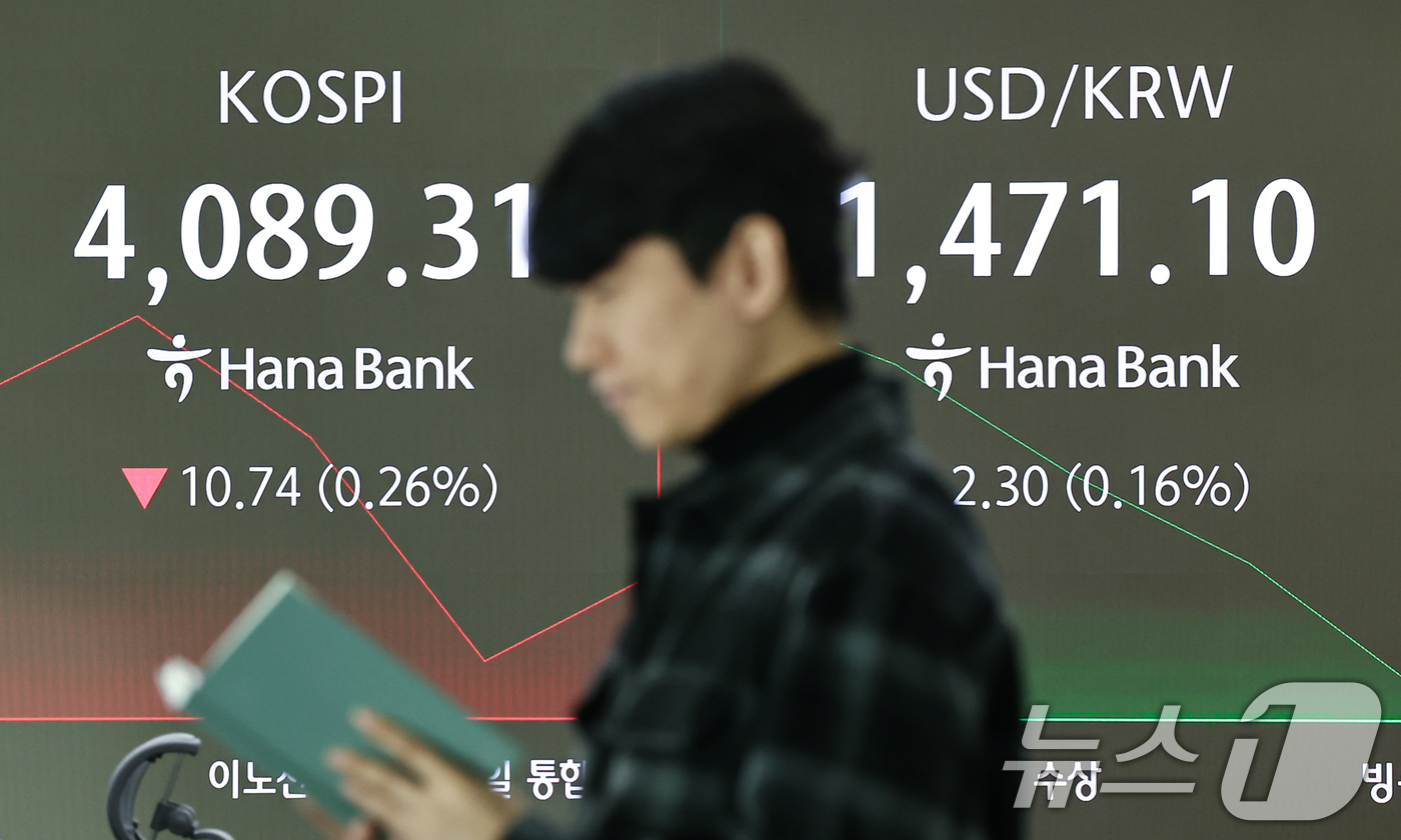 (서울=뉴스1) 김도우 기자 = 8일 서울 중구 하나은행 딜링룸 전광판에 코스피 등 시황이 표시되고 있다.이날 코스피는 전 거래일 대비 9.20p(0.22%) 오른 4109.25, …