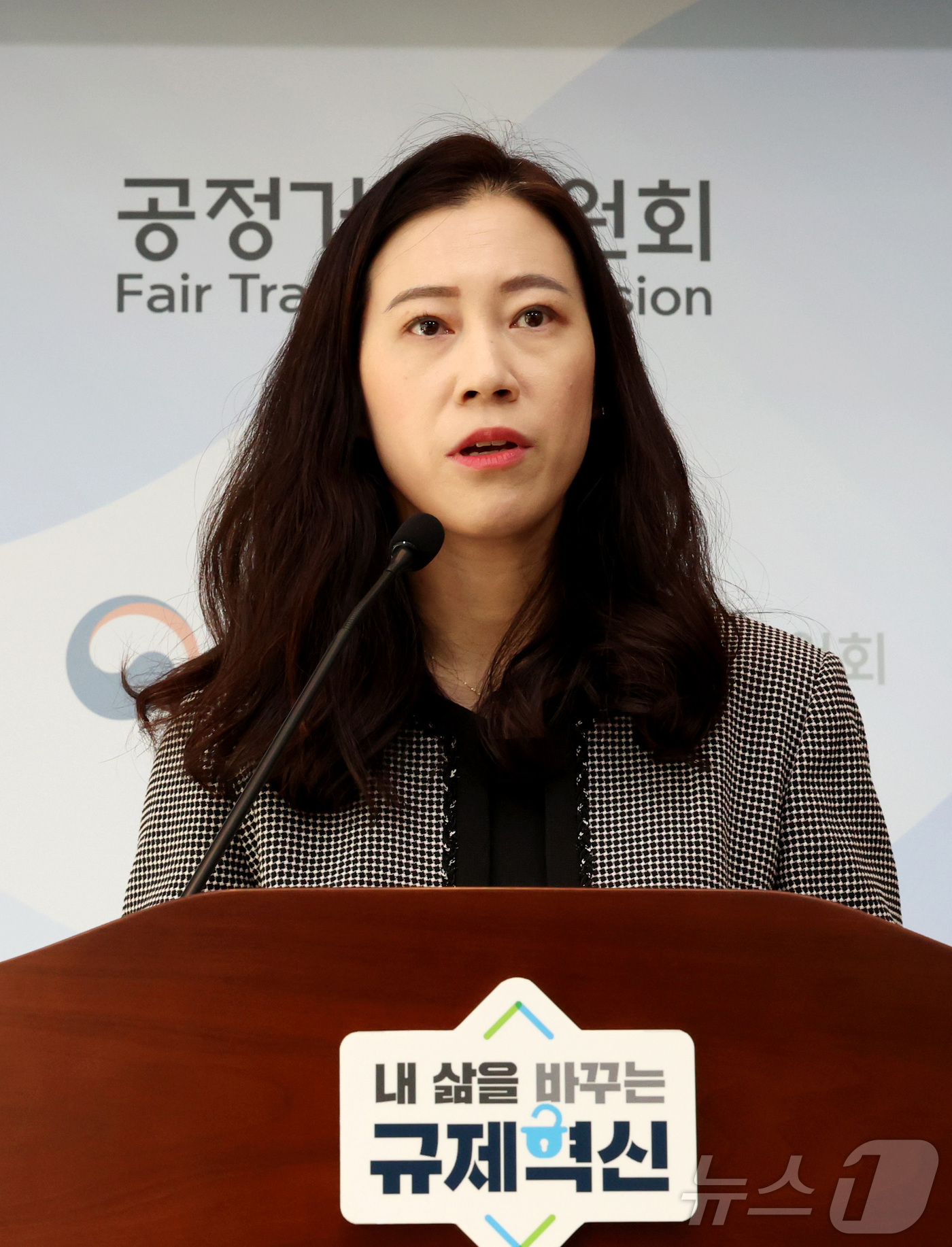 (세종=뉴스1) 김기남 기자 = 장주연 공정거래위원회 시장구조개선정책과장이 8일 세종시 정부세종청사에서 2025년 경쟁제한적 규제개선 결과 발표를 하고 있다.공정위는 AI ·ICT …