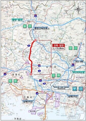 본문 이미지 - 김해~밀양 고속도로 건설 위치도.&#40;경남도 제공. 재판매 및 DB금지&#41;