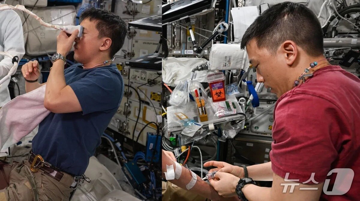본문 이미지 - 국제우주정거장&#40;ISS&#41; 승무원들의 혈액·안구 검사 등 건강 모니터링을 수행하는 조니 김.&#40;NASA 제공&#41;/뉴스1