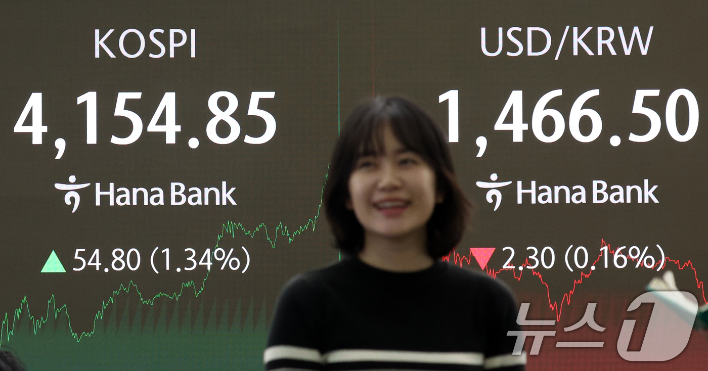 (서울=뉴스1) 김명섭 기자 = 8일 오후 서울 중구 하나은행 딜링룸 전광판에 증시 종가 시황이 나타나고 있다. 이날 코스피 지수는 전 거래일 대비 54.80포인트(1.34%) 오 …