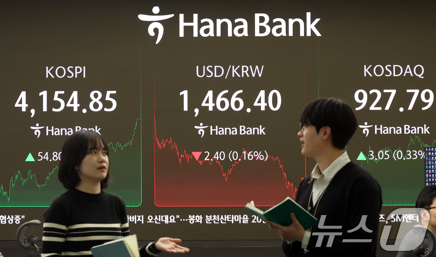 (서울=뉴스1) 김명섭 기자 = 8일 오후 서울 중구 하나은행 딜링룸 전광판에 증시 종가 시황이 나타나고 있다. 이날 코스피 지수는 전 거래일 대비 54.80포인트(1.34%) 오 …