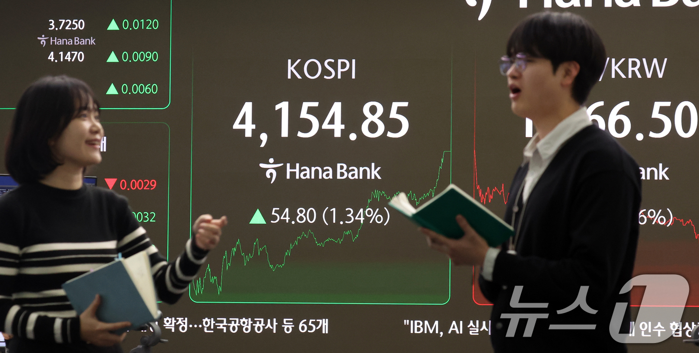 (서울=뉴스1) 김명섭 기자 = 8일 오후 서울 중구 하나은행 딜링룸 전광판에 증시 종가 시황이 나타나고 있다. 이날 코스피 지수는 전 거래일 대비 54.80포인트(1.34%) 오 …