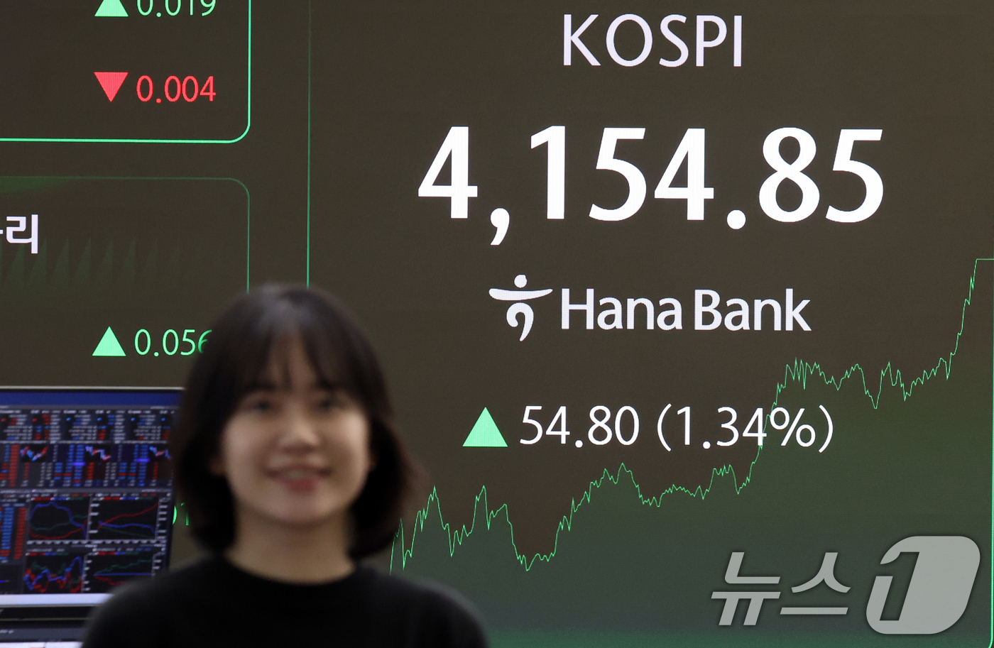 (서울=뉴스1) 김명섭 기자 = 8일 오후 서울 중구 하나은행 딜링룸 전광판에 증시 종가 시황이 나타나고 있다. 이날 코스피 지수는 전 거래일 대비 54.80포인트(1.34%) 오 …