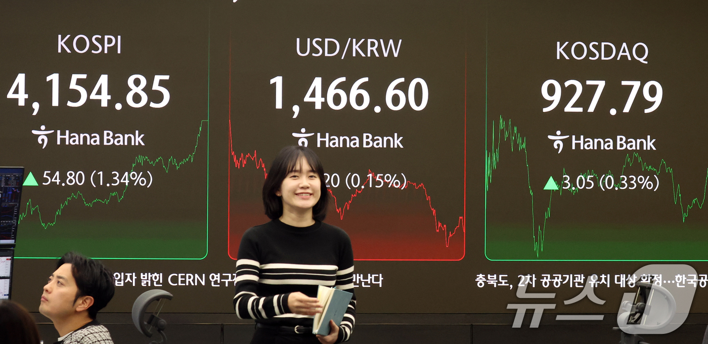 (서울=뉴스1) 김명섭 기자 = 8일 오후 서울 중구 하나은행 딜링룸 전광판에 증시 종가 시황이 나타나고 있다. 이날 코스피 지수는 전 거래일 대비 54.80포인트(1.34%) 오 …