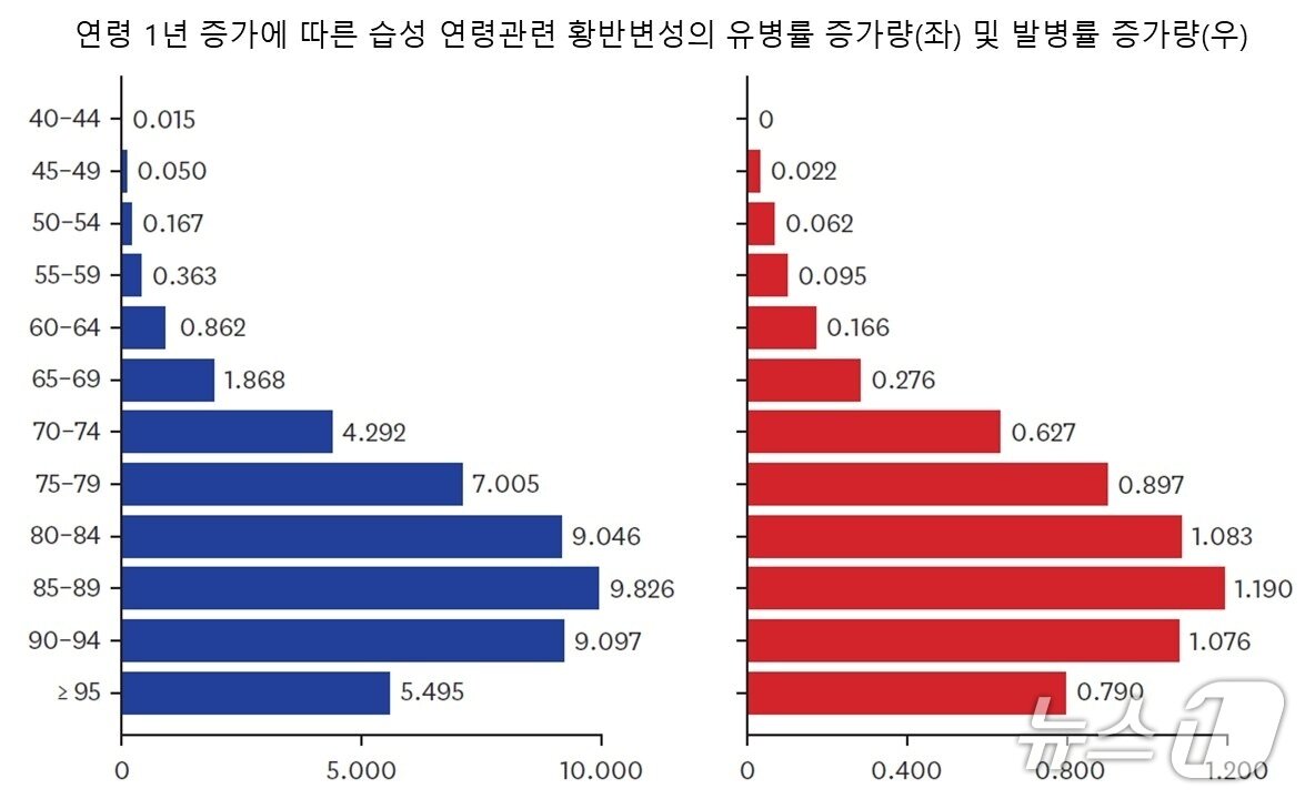 본문 이미지 - 각 연령대에서 1년이 지날 때마다 유병률과 발병률이 어느 정도 증가하는지를 수치화한 그래프. 막대가 길수록 그 연령대에서 매년 증가하는 폭이 크다는 의미로 85-89세의 유병률은 매년 약 10% 증가할 만큼 고령층에서 증가 속도가 빠르다는 사실을 한눈에 알 수 있다.&#40;분당서울대병원 제공&#41;