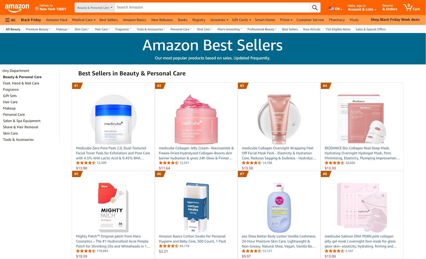 본문 이미지 - 아마존 블랙프라이데이 기간인 11월 24일 뷰티 카테고리 랭킹. 아마존 홈페이지 갈무리