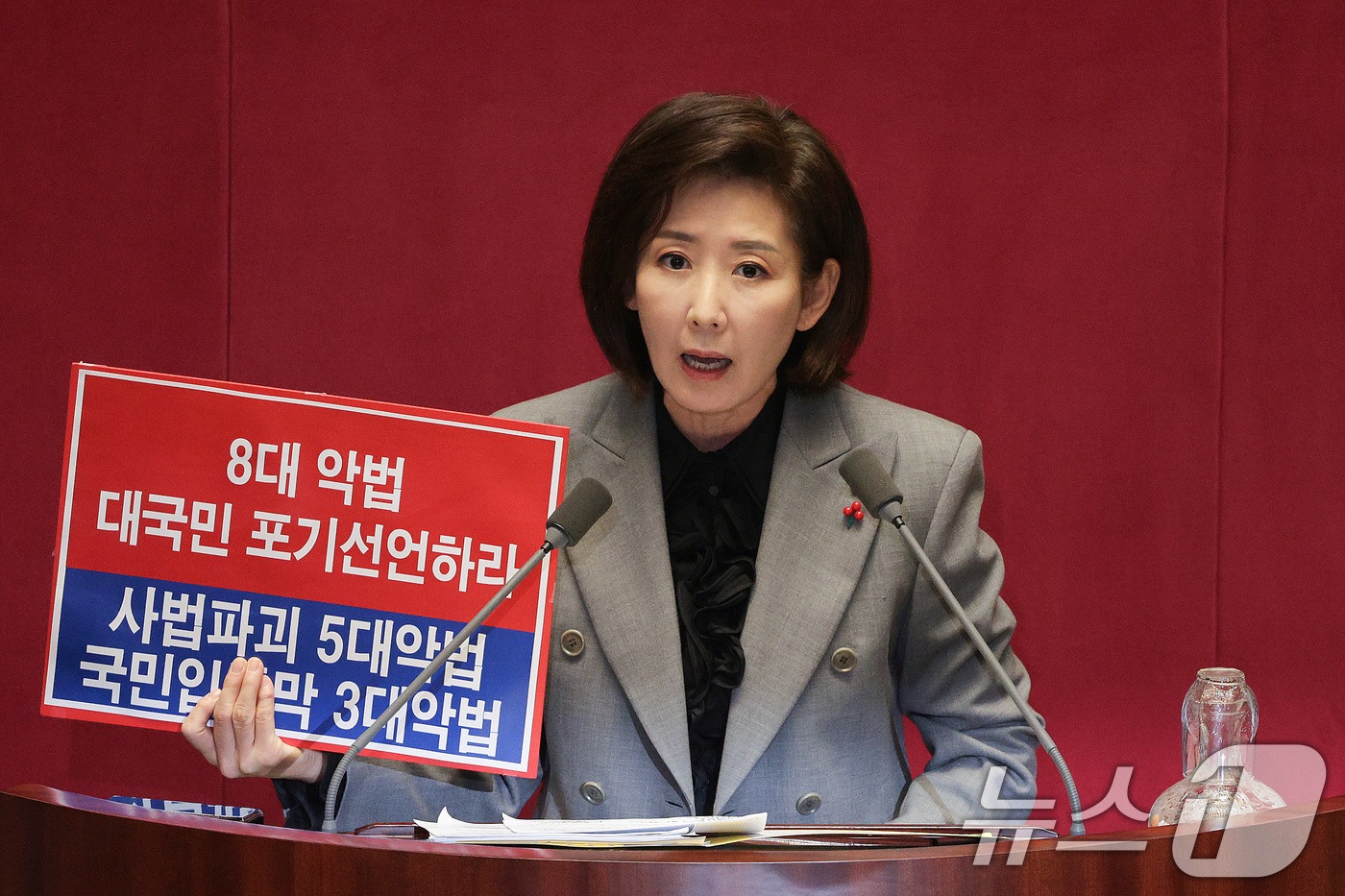 (서울=뉴스1) 신웅수 기자 = 나경원 국민의힘 의원이 9일 서울 여의도 국회에서 열린 제429회국회(정기회) 제16차 본회의에서 가맹사업거래의 공정화에 관한 법률 일부개정법률안에 …