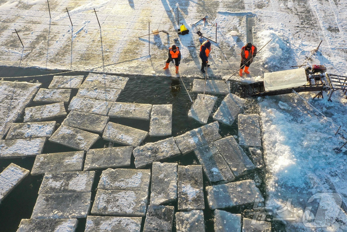 (하얼빈 AFP=뉴스1) 이정환 기자 = 8일 중국 북동부 헤이룽장성 하얼빈에서 열리는 하얼빈 빙설제(哈尔氷雪世界)를 준비하기 위해 노동자들이 얼어붙은 송화강에서 얼음을 가져오고 …