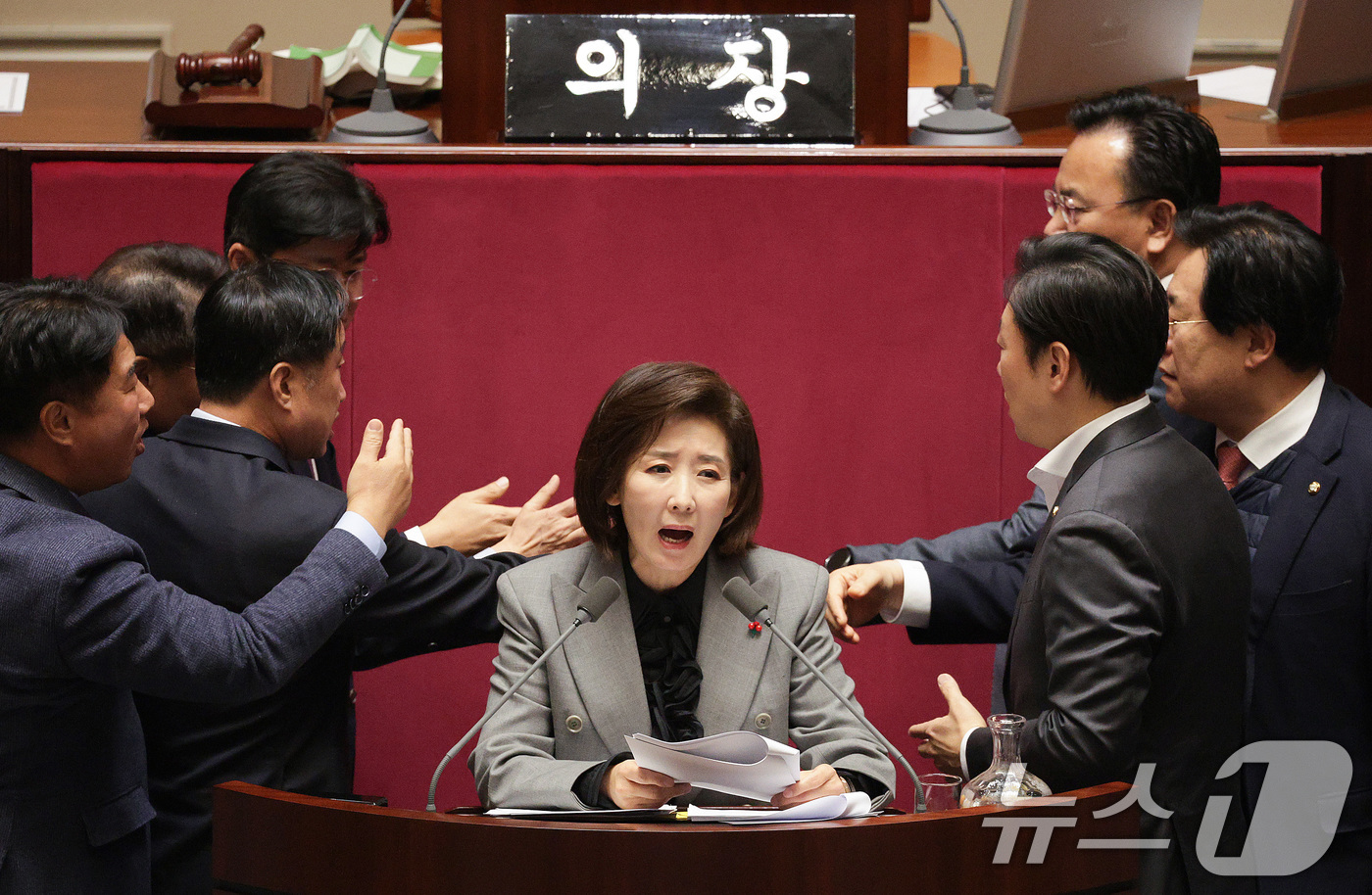 (서울=뉴스1) 신웅수 기자 = 나경원 국민의힘 의원이 9일 서울 여의도 국회에서 열린 제429회국회(정기회) 제16차 본회의에서 가맹사업거래의 공정화에 관한 법률 일부개정법률안에 …